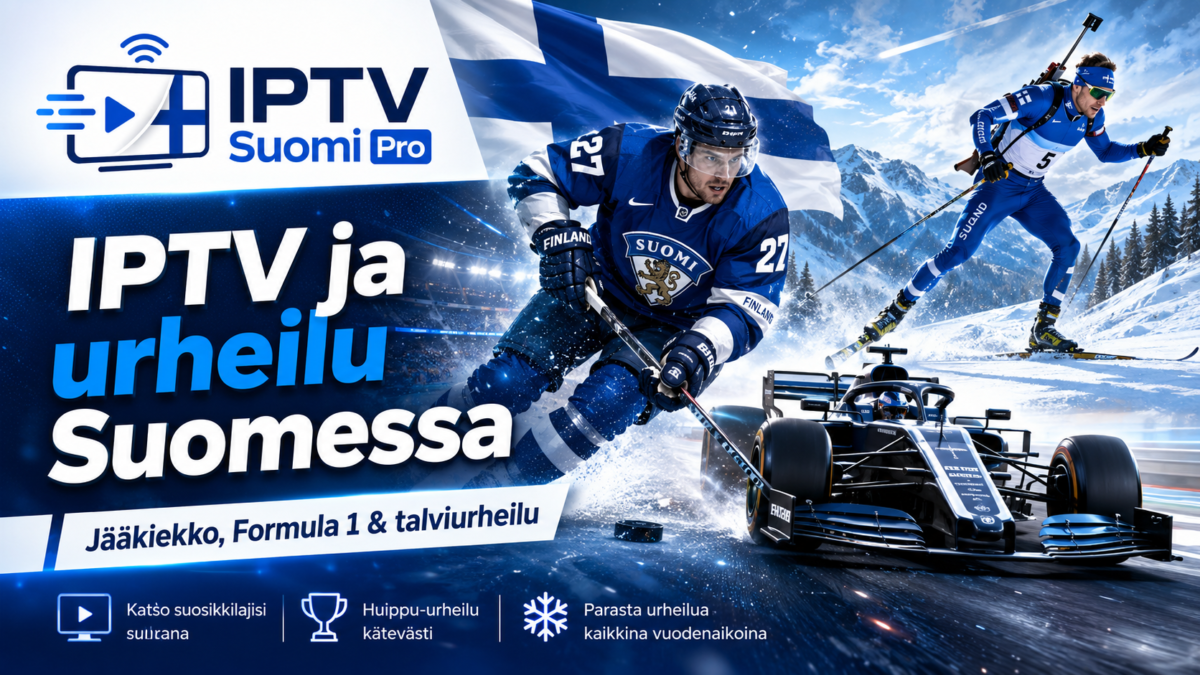 IPTV ja urheilu Suomessa – jääkiekkoilija, Formula 1 -auto ja talviurheilija sekä IPTV Suomi Pro -logo.