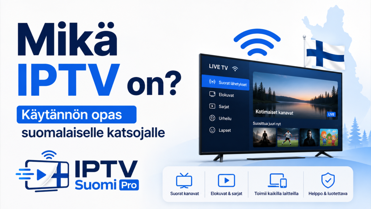 Mikä IPTV on -oppaan thumbnail, jossa näkyy IPTV Suomi Pro -logo, älytelevisio, Wi-Fi-symboli ja Suomen lippu.